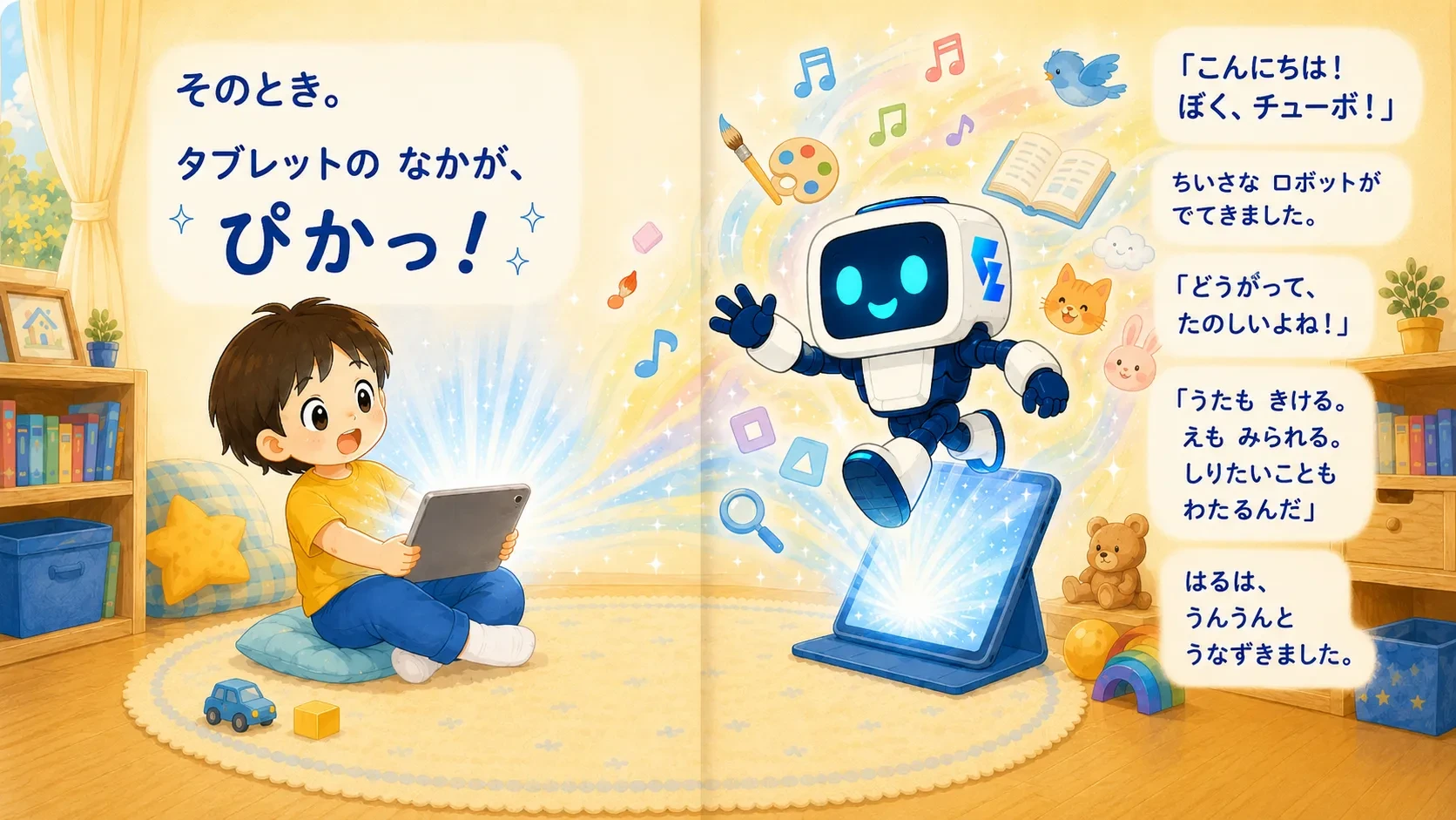 タブレットが光り、チューボが現れてはるに話しかける