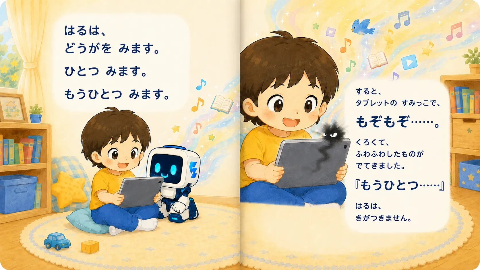 はるが動画を見続けると、タブレットのすみから黒いふわふわが現れる
