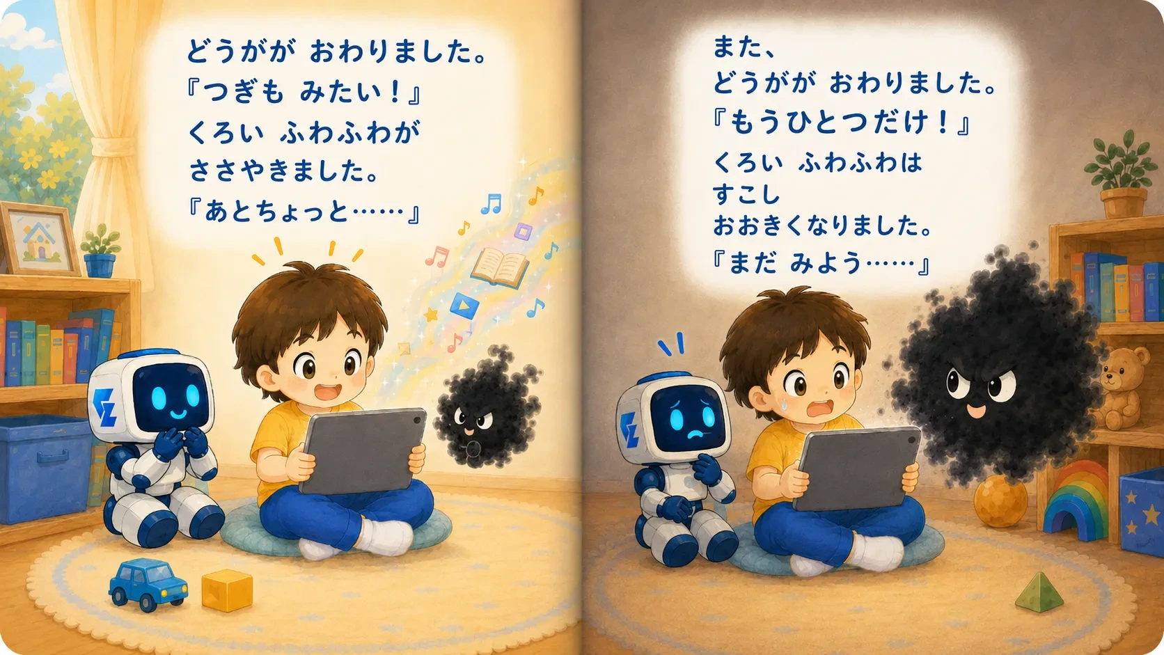 動画が終わるたび、黒いふわふわがささやいて大きくなる