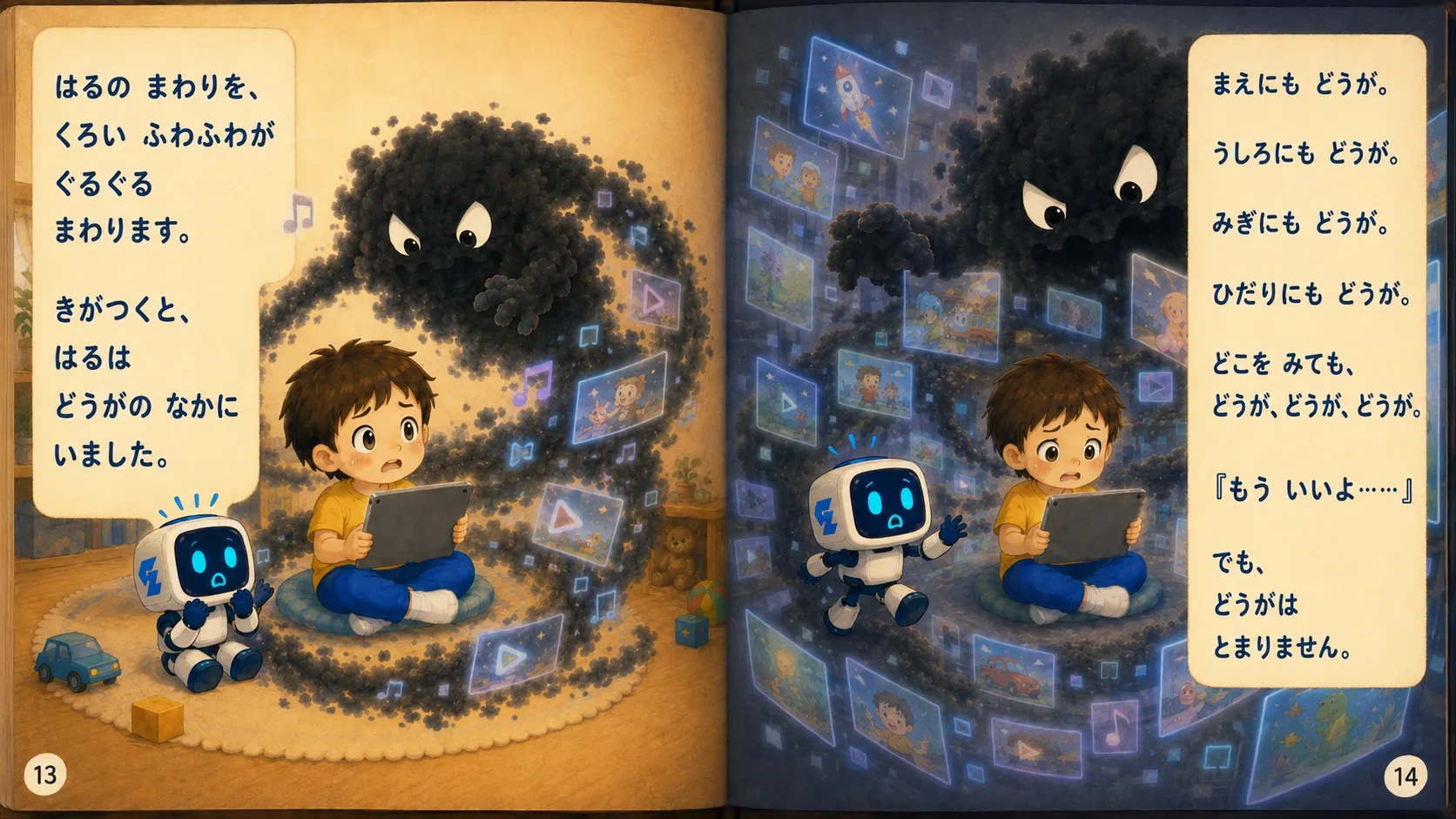はるの周りを動画が囲む。もういいよと思っても動画は止まらない