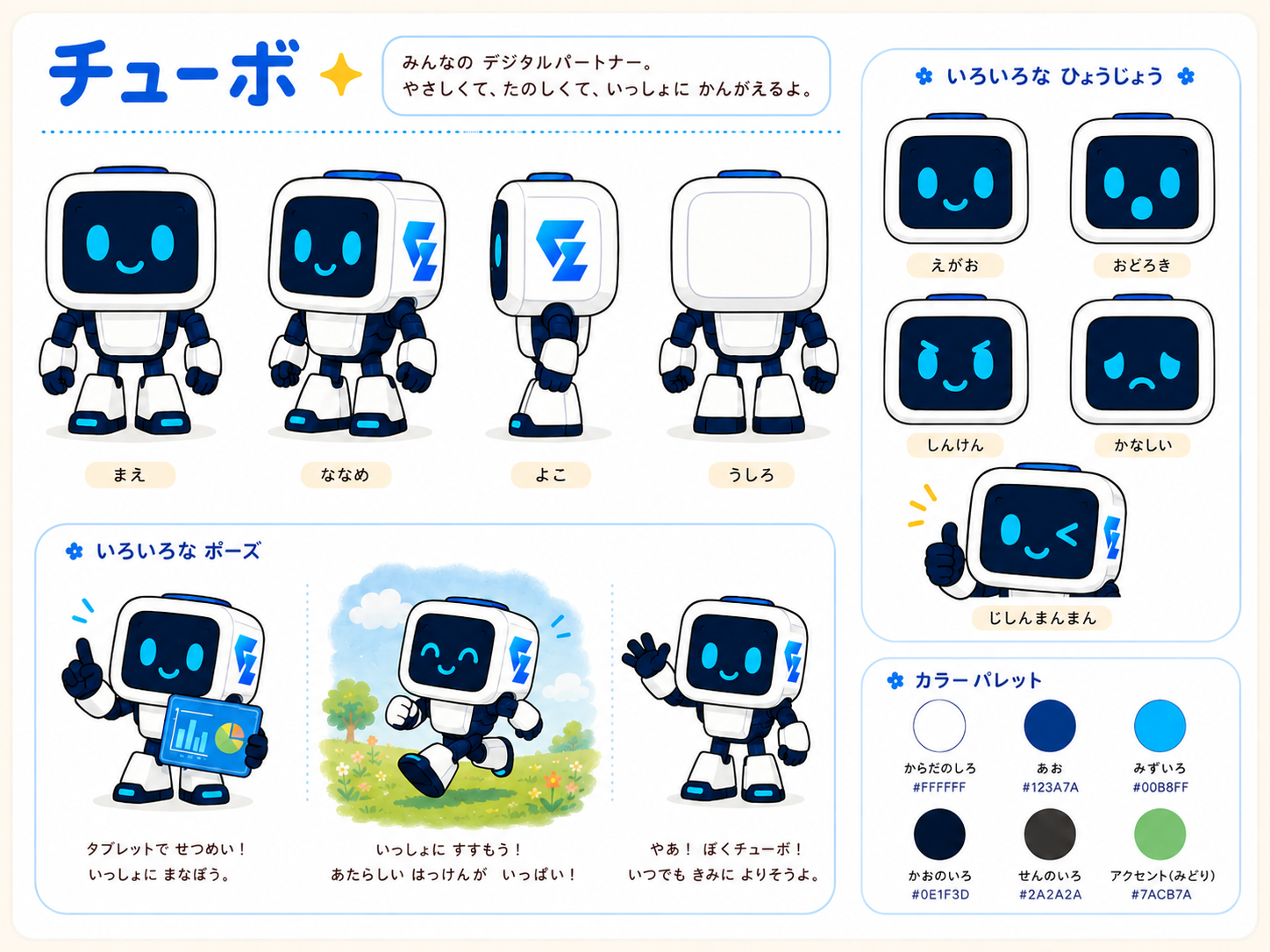 側面の青いマークを含むチューボの姿・表情・ポーズの紹介シート