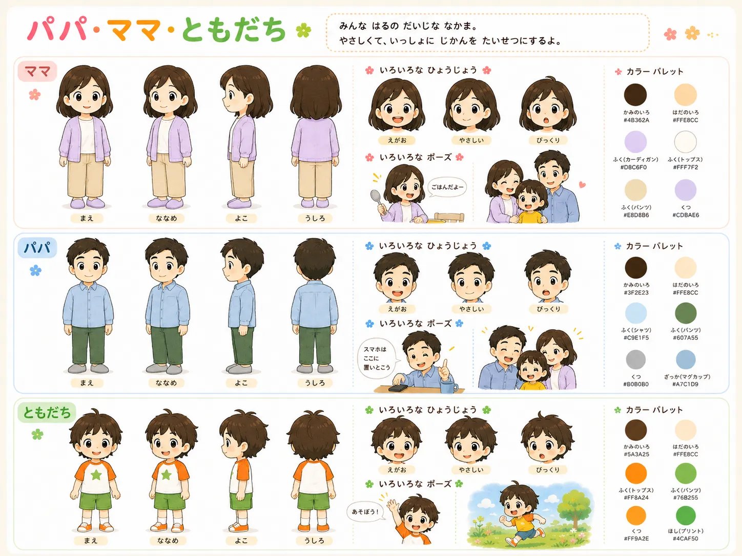 茶色いボブヘアで、薄紫のカーディガンとベージュのパンツを着たママ